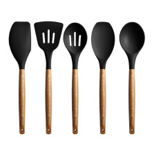 Kitchen Utensil - Unspecified - 5 Piece Set - Black Silicone - Acacia Wood - Non-Stick