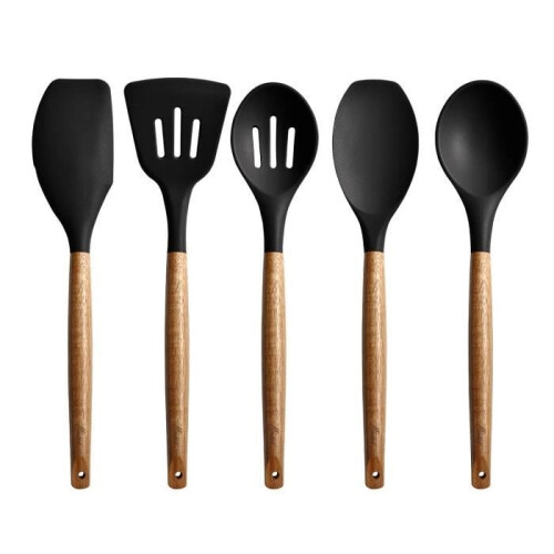 Kitchen Utensil - Unspecified - 5 Piece Set - Black Silicone - Acacia Wood - Non-Stick