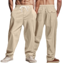 Men's Jogging Bottoms with 6 Pockets, Loose Straight Cotton Cargo Trousers, Breathable Casual Trousers, Black Khaki, XXL