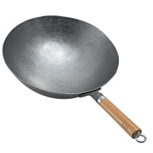 Wok Pan Traditional HandHammered Carbon Steel, 36 cm, Thick Wok With Removable Wooden And Steel Handle
