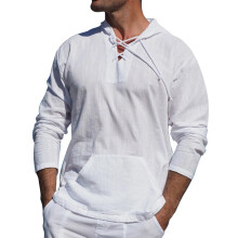 Linen Shirt Hoodie Men's Pullover Hooded Long Sleeve With Lacing Lapels White XXL Cotton Jumper