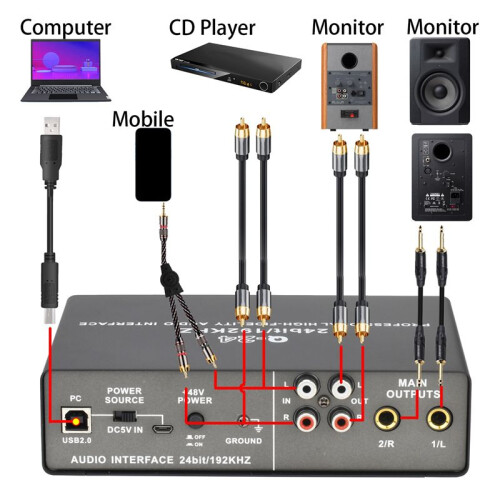 Professionellt 24-Bitars 192KHz LjudgräNssnitt 2-IngåNgsljudkort för Elgitarr Loopback Extern Studio-PC-Inspelning 1