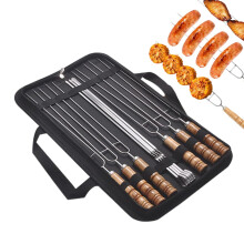 Grilling Skewers Set of 10 Stainless Steel with Wooden Handle, Rustproof BBQ Skewers for Outdoor Cooking
