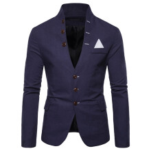 Men's Blazer Slim Fit Sporty Casual 3Button Blazer, Deep VNeck, Lightweight StandUp Collar, Navy, Size M