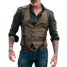 Gilet Men's VNeck Slim Fit Waistcoat, Sleeveless Tuxedo Vest, Brown Vintage Business Formal Wedding Vest XXL