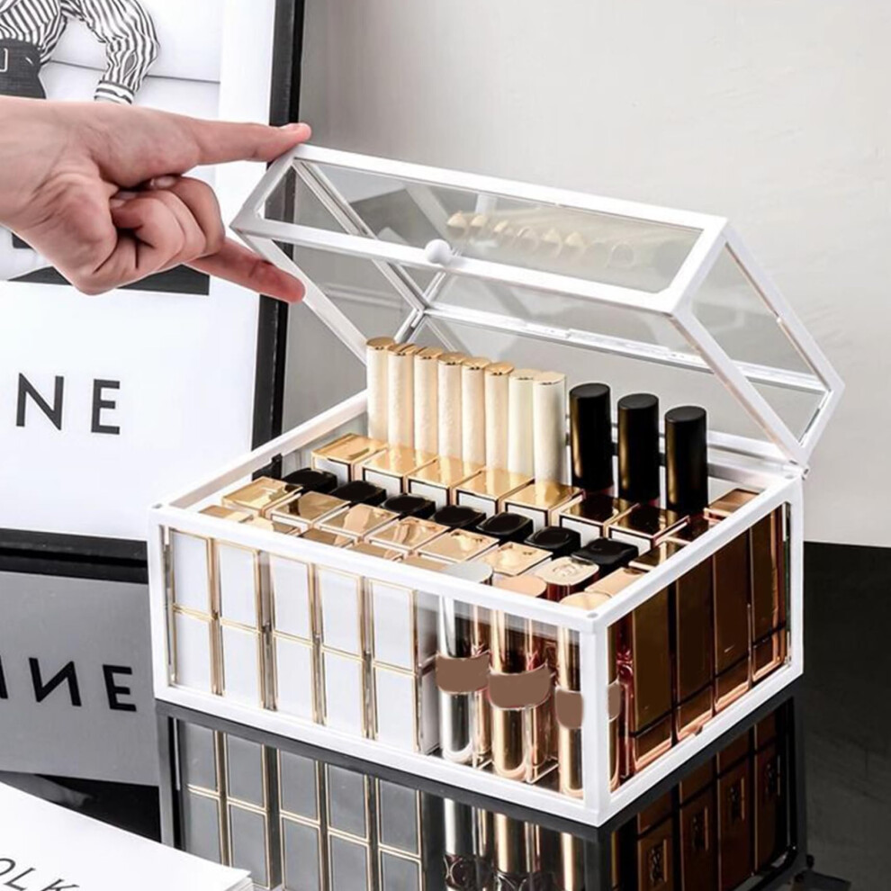 Clear Glass Lipstick Organizer with Dustproof Lid Holds 40 Lipsticks Makeup Display Case