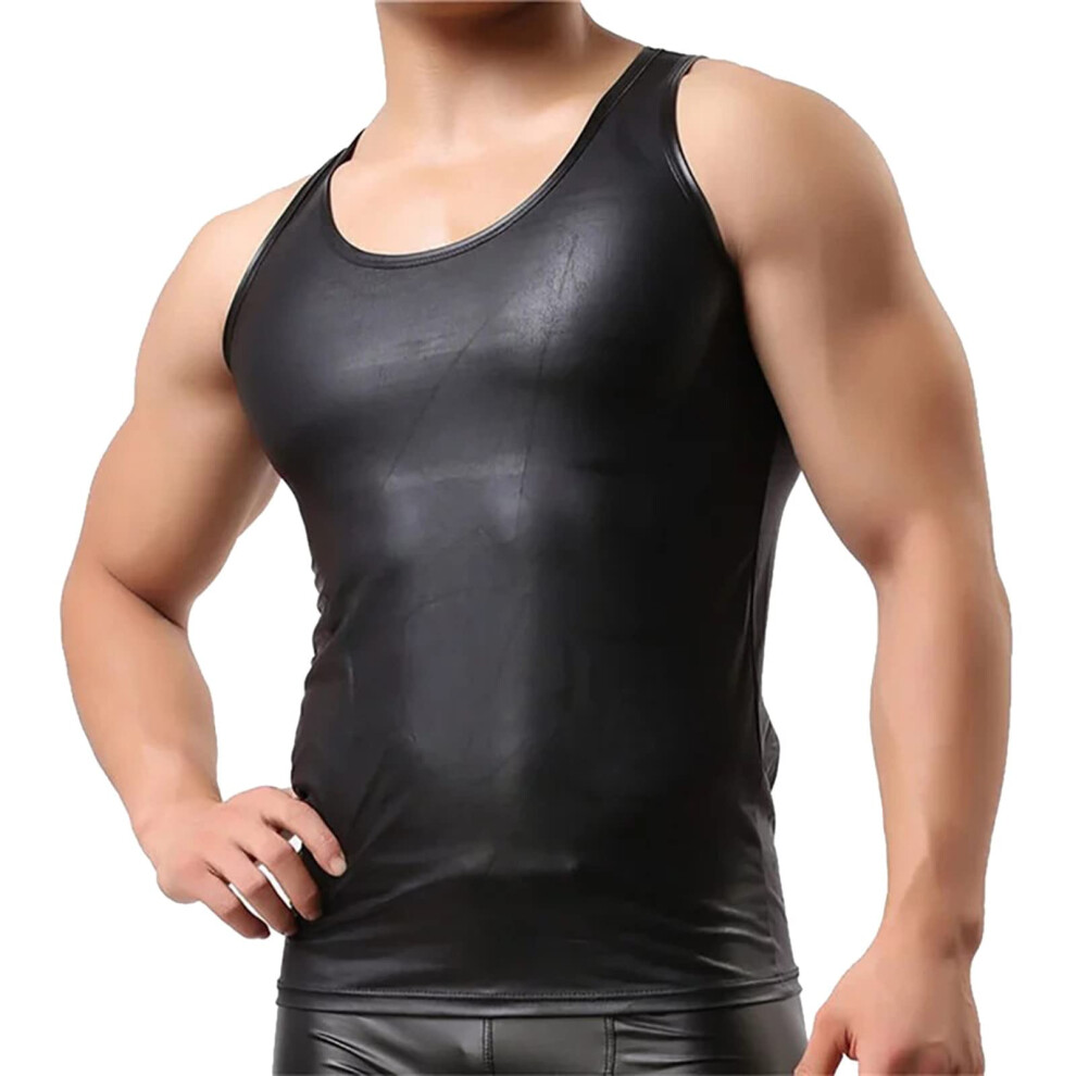 Black Men's Tank Leather Look Patent Leather Wetlook Sleeveless Undershirt Slim Fit M Latex Lingerie