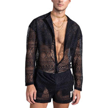 Men's Suit Lace Shirt Shorts Set Black Size L Transparent Lace ButtonDown Long Sleeve Hollow Lightweight And Airy