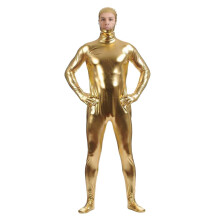 Men's Wetlook Catsuit Patent Leather Look FullBody Jumpsuit With Zip Gold XL