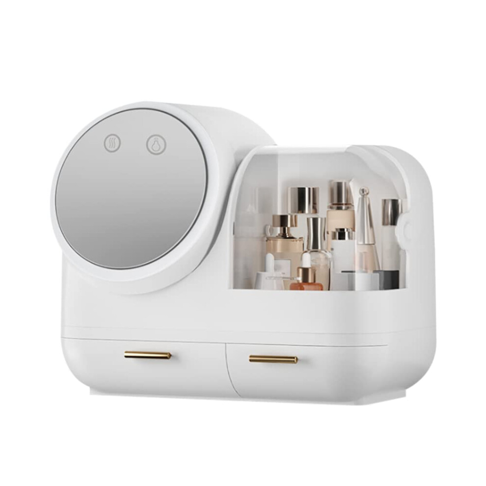 Cosmetic Organizer with Mirror - Portable LED Makeup Box with USB Charging, Touch Light, and Rechargeable Battery in White for Travel