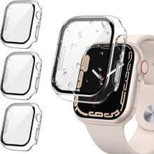 [3er-Pack] für Apple Watch Displayschutzfolie Serie 9, 8, 7, 45 mm, iWatch-Schutzgesichtsabdeckung, gehärtete Glasfolie, harte PC-Rückseite