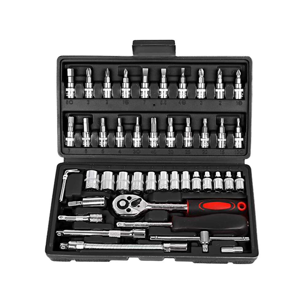 Sanfoelek 46Piece Ratchet Wrench And Socket Tool Set 1/4Inch Drive Screwdriver Storage Case Home Car Bike Black 9347817529043