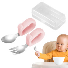 Children Fork and Spoon Set Travel Stainless Steel Toddler Utensils With Case Food Grade Pink