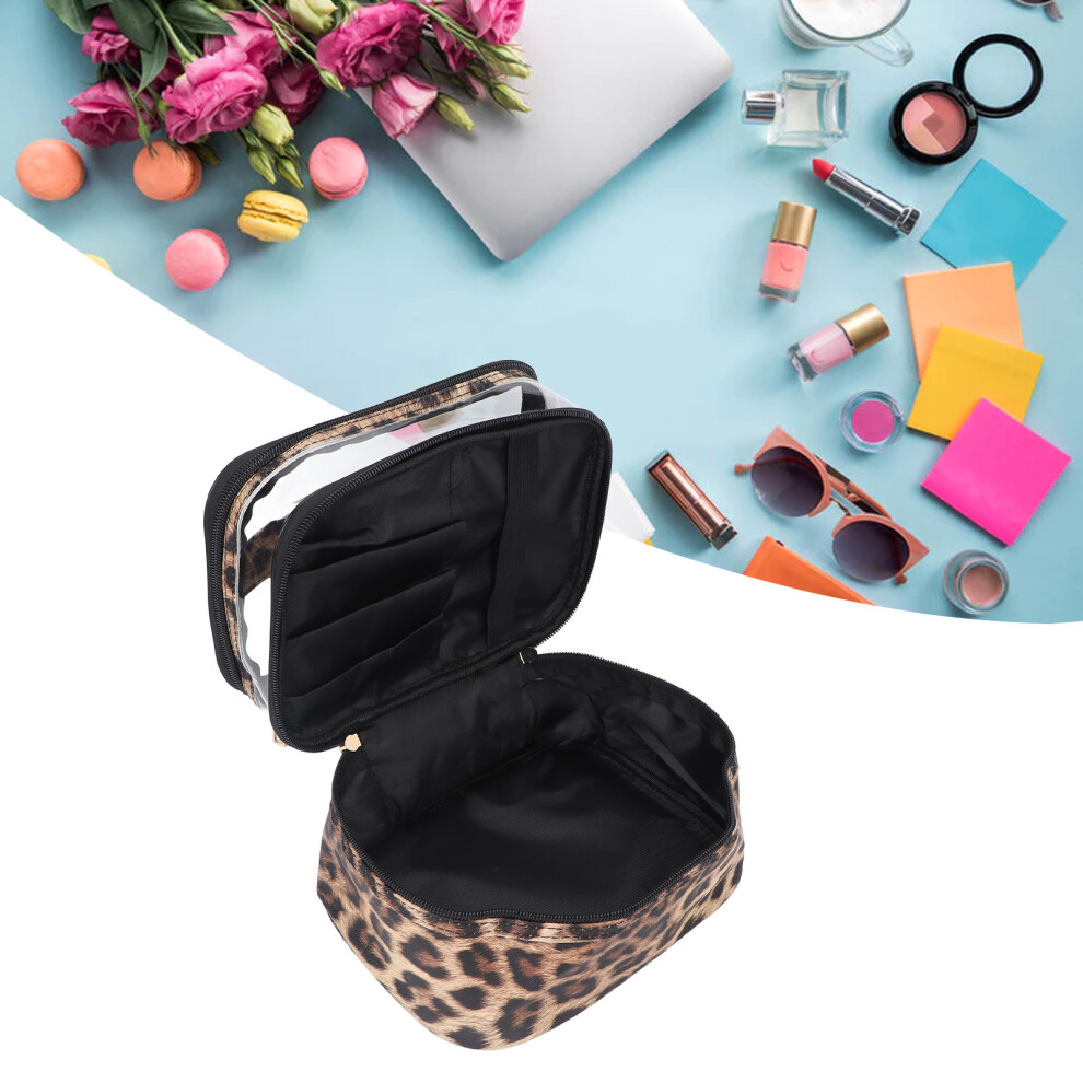 Double Layer PVC Leopard Print Cosmetic Bag Portable Large Capacity Makeup Case