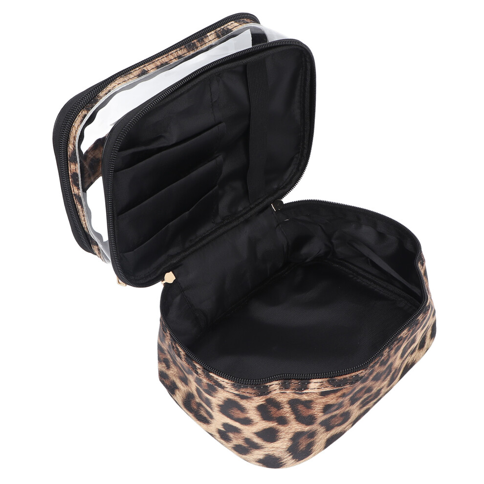 Fashionable Cosmetic Bag, Portable and Organizer, Waterproof Leopard Print PVC Double Layer Storage, Multifunctional for Cosmetics and More