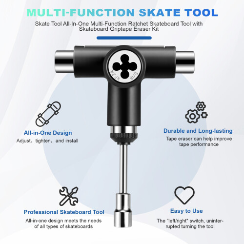 Skate Tool Integration Multi-Function Ratchet Skateboard Tool with Skateboard Griptape Eraser Kit 1