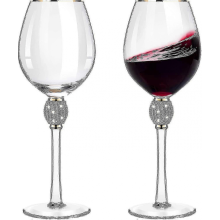 Lot de 2 verres à vin rouges strass bordure tulipe, longs pour mariages fêtes anniversaires (dorés)
