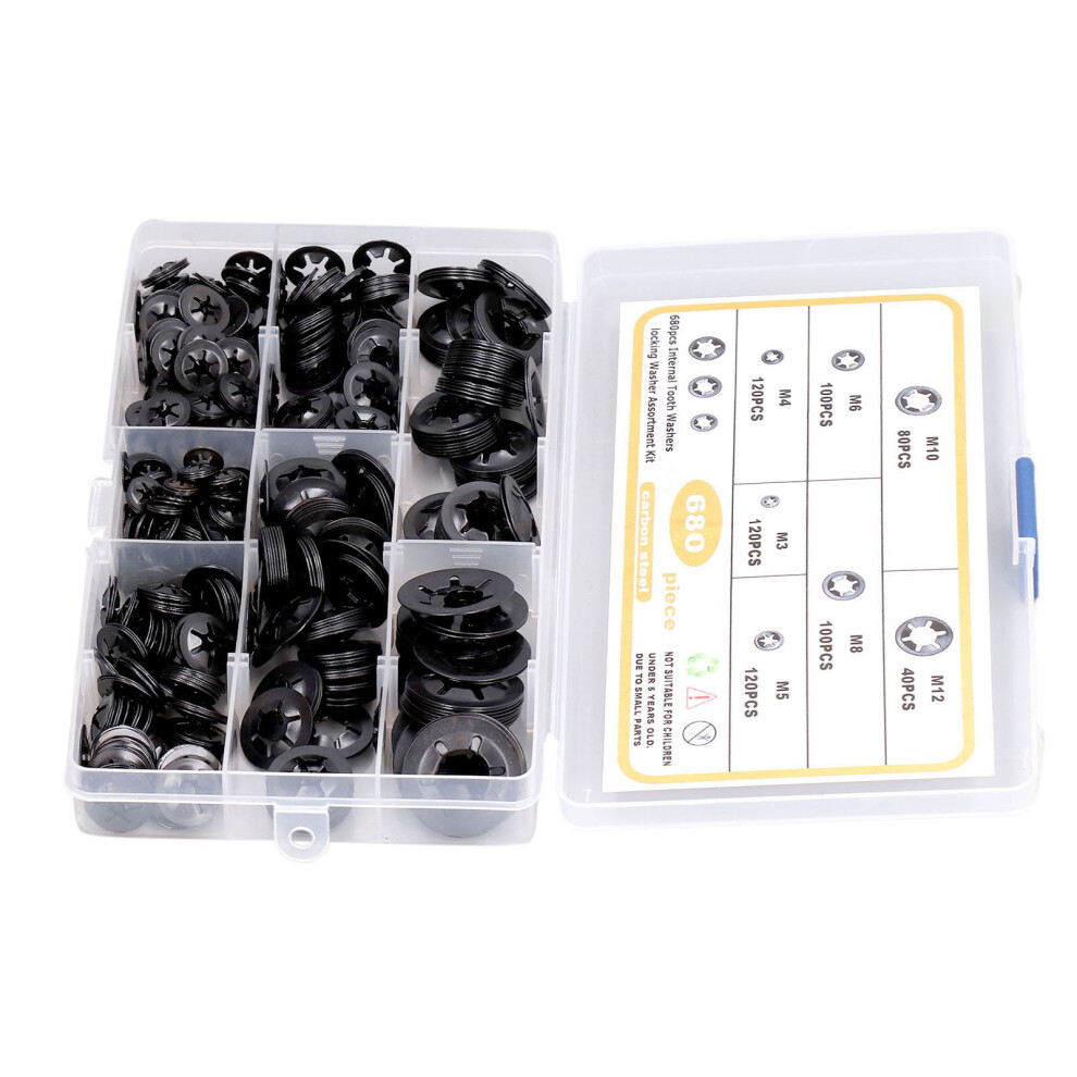Assorted Locking Washers Kit 680Pcs Carbon Steel M3âM12 Flat & Internal Tooth 8131382302498