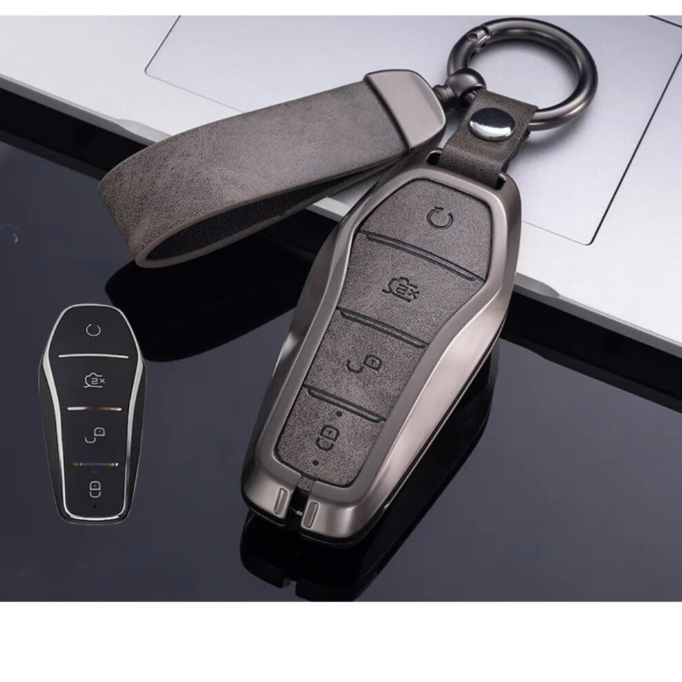Key Case Cover For Byd Fob, Leather Metal Holder, Slim Fit, For Song Plus, Atto 3, Han, Tang, Qin, Seal, Dolphin, Gray 9187378449899