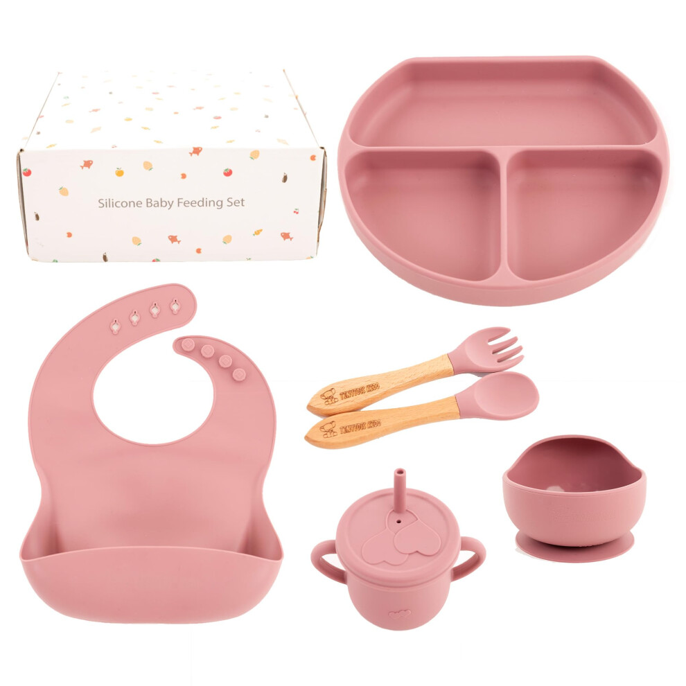 Baby Weaning Set, Silicone Feeding Kit, 6Piece, Suction Bowl, Divided Plate, Bib, Spoon, Fork Sippy Cup, Blue/Pink