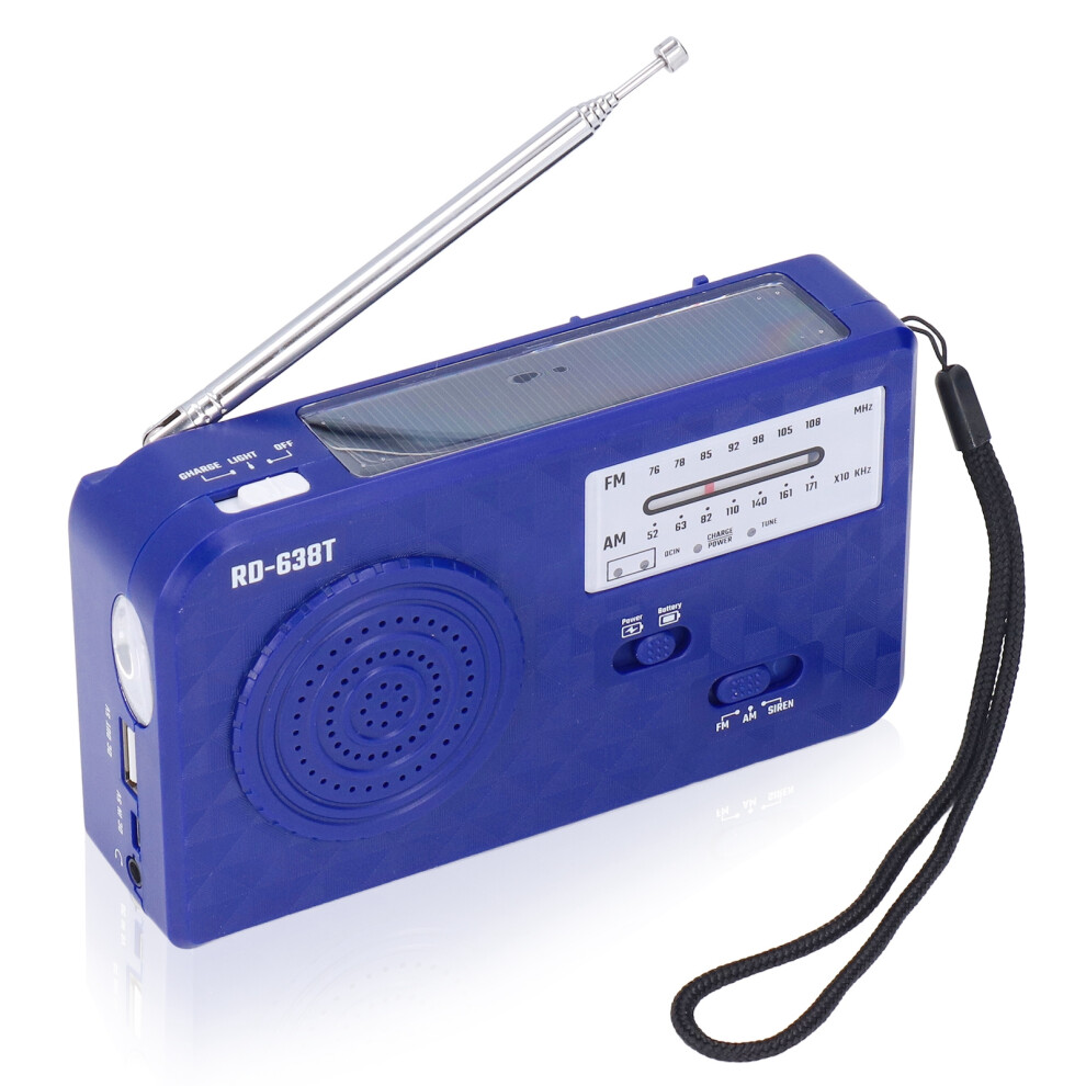 Compact Solar Radio Flashlight With Hand Crank Usb Charging Blue 4691375849613