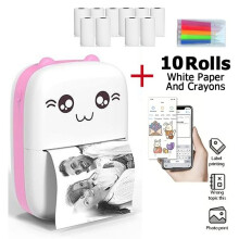 Mini draagbare Bluetooth-thermische printer, mobiele foto-pocketprinter, compatibel met Android/iOS, 10 papierrollen - roze