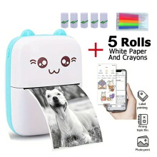 Mini draagbare Bluetooth-thermische printer, 5 rollen zelfklevend papier, compatibel met Android/iOS, blauw