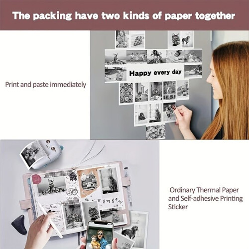 Mini draagbare Bluetooth-thermische printer, mobiele foto-pocketprinter, Android/iOS-compatibel, 8 papierrollen - roze 2