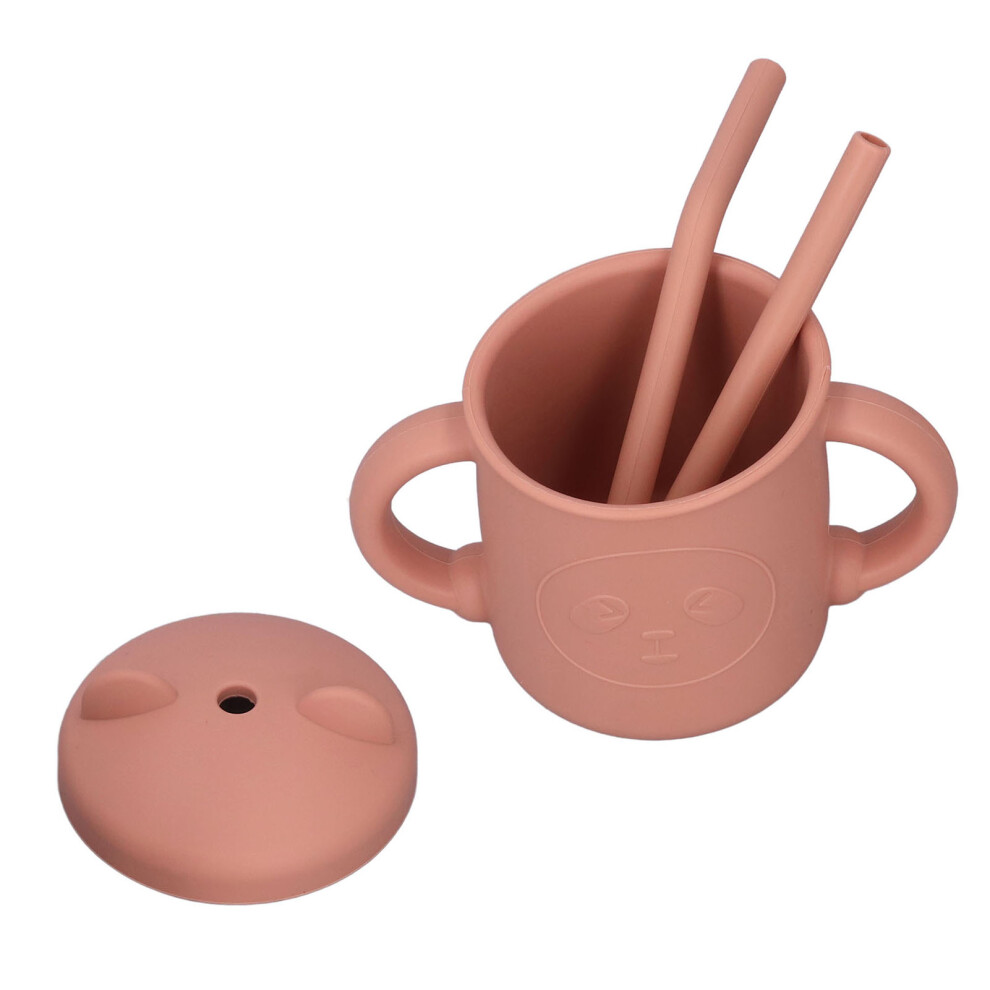 Silicone Baby Drinking Cup 6 Oz Two Handles Lid & Straw Cartoon Orange