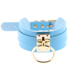 BDSM Wide Collar PU Leather With ORing Adjustable Bondage Choker Erotic Neck Restraint For Women Men Blue Size L