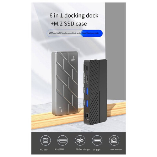 6 i 1 Expansionsdocka M.2 Solid-State Mobile Hard Drive Box NVME/NGFF Laptop USB3.2 Extender Grå 2