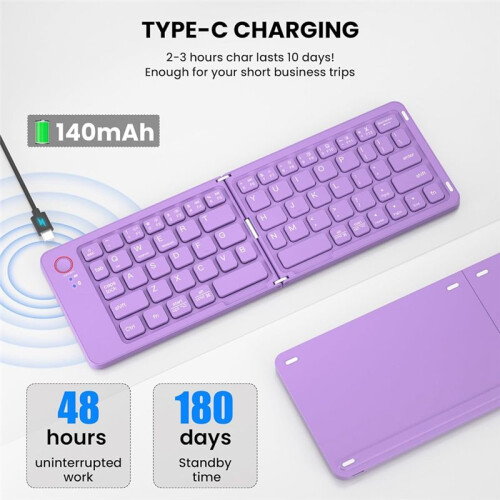 Clavier Sans Fil  Pliable (Synchronisation Jusqu'à 3 Appareils), Clavier Pliable Portable pour Android Windows, Violet 2