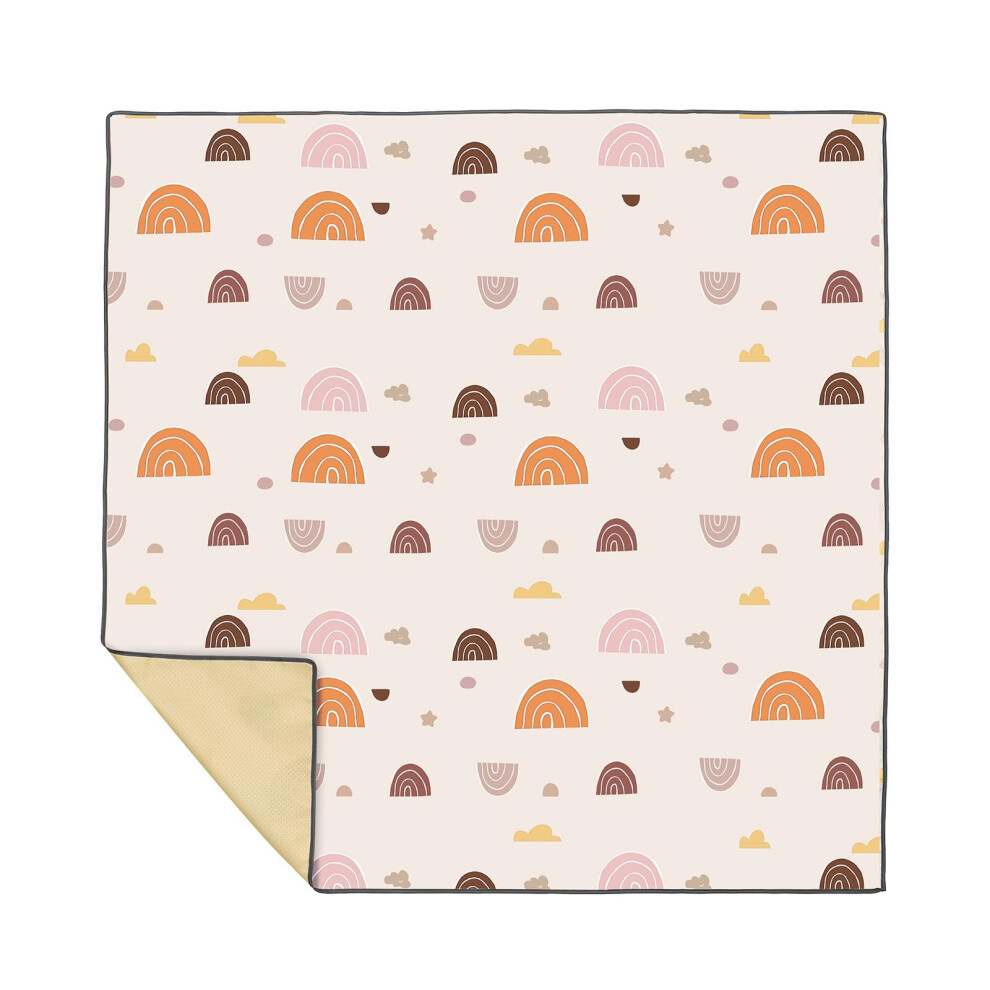 Reusable Silicone Splash Mat for Kids Highchair and Playtime, Large Waterproof Game Mat, Beige Rainbow Design