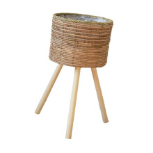 Large Wicker Plant Basket with Wooden Stand Handwoven Rattan Planter for Indoor Outdoor Decor