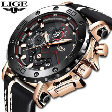 LIGE Men's Leather Analog Sports Watch Luxury Quartz Waterproof Military Watch