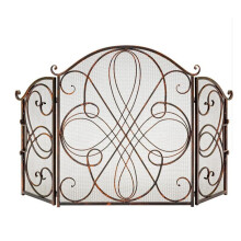 Vintage Copper Fireplace Screen with Spark Guard Mesh, Foldable Arched Decorative Fire Gate