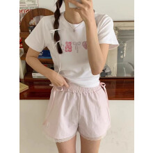 (One Size, Pink) Short d'été pour femme, orné d'un nœud papillon, de dentelle et d'un cœur, taille élastique décontractée, poches.