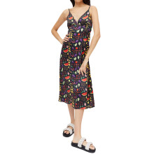 (L, Black) Robe d'été sans manches, imprimé fruits, col V dos nu, parfaite pour cocktails et sorties plage.