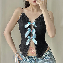 (L, Black) Women's Summer Cami Tank Tops Sleeveless Satin Bow Front Camisole Lace Trim Tank Tops