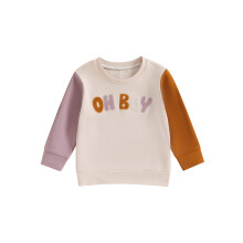 (3-4 Years, Beige) Kleinkind-Jungen-Sweatshirts in Kontrastfarben, langärmelig, Rundhalsausschnitt, bestickt, Herbst-Babykleidung