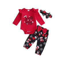 (6-9 Months, Red) Ensemble 3 pièces bébé fille : barboteuse à manches volantes Noël, pantalon rennes et bandeau.