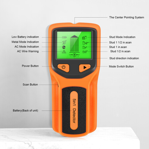 5-in-1 Wall Stud Scanner with LCD Display, Metal & AC Detection, Orange
