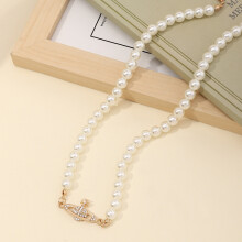 (Gold) Pearl alloy women's diamond-set Saturn pendant necklace
