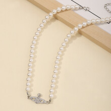 (Silver) Pearl alloy women's diamond-set Saturn pendant necklace