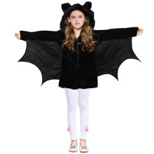 Kostymtillbehör för barn, Halloweenkläder med halsrem och böljande svarta vingar, Cosplay-kostym med fast huva och dragkedja.