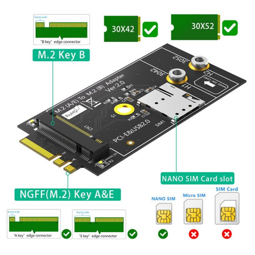 Adattatore M.2 Key B A A+e con Slot per Scheda  SIM per Modulo 3G/4G/5G 2