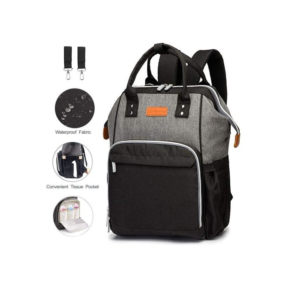 Aihontai Waterproof Diaper Bag Backpack Baby Travel Bag, Large Capacity Nappy Bag With Stroller Hooks (Black And Gray)