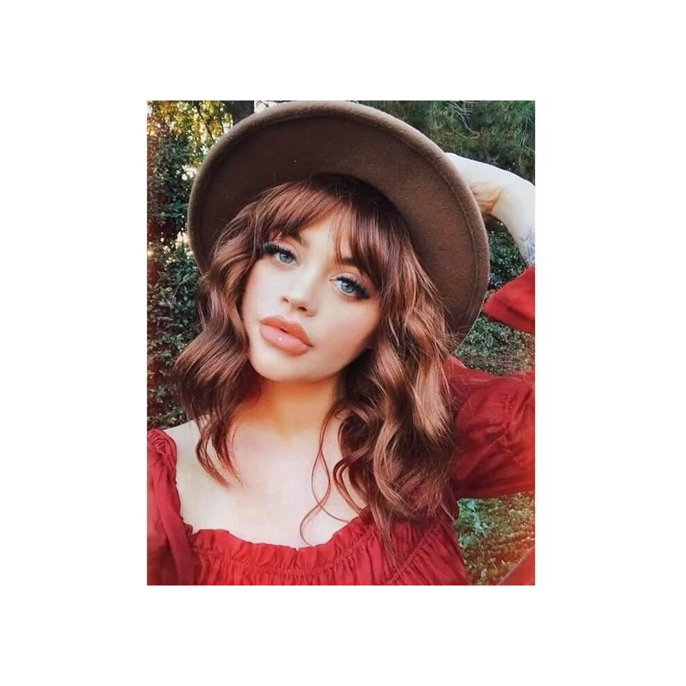 Aihontai Unisex Brown Women's Short Bob Wigs With Natural Bangs, Natural Color Wavy Curly Hair Wig 14"