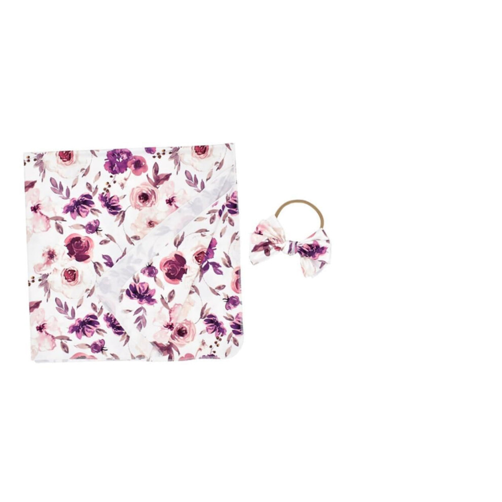 Receiving Blanket Floral Print Swaddle Headband Set, Soft Spandex Polyester, Safe For Newborn Boys, Crib And Photography