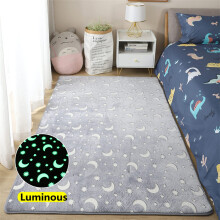Plush Glow In The Dark Rug Stars Moon Astronaut Pattern Area Rug For Kids Bedroom Grey 100x200 cm Washable Thick Mat